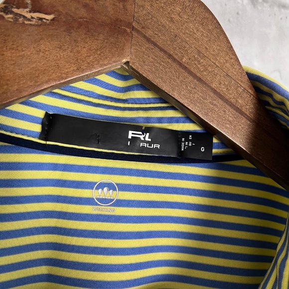 RLX Ralph Lauren Steel Blue & Yellow Striped Performance Golf Polo Mens Large - Picture 3 of 6